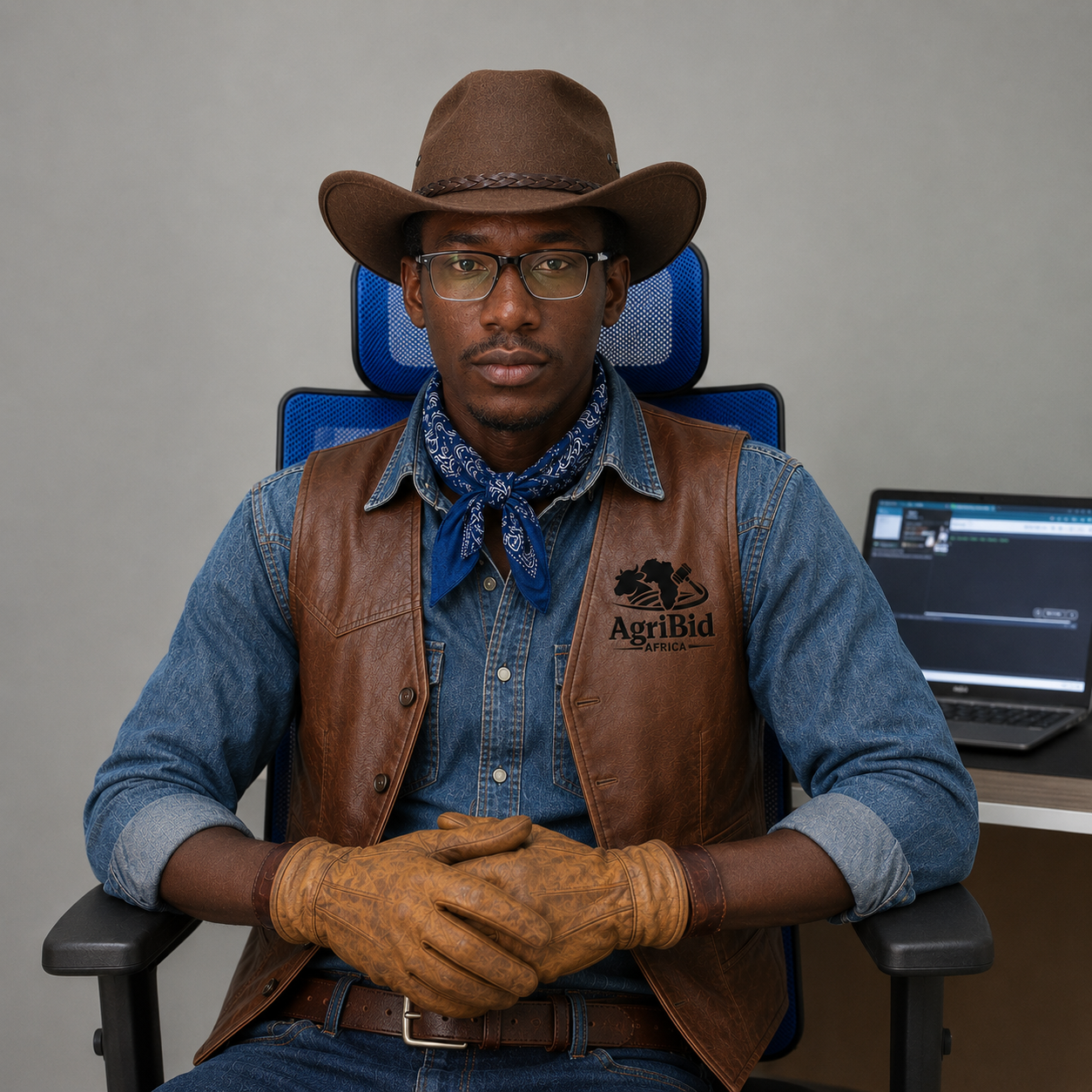 An AgriBid Africa team member in a branded leather vest and stockman's hat